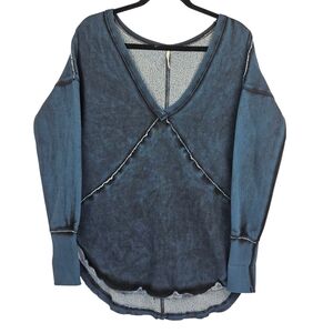 Free People Westeros Thermal Sweater Blue Tie Dye V-Neck Oversized Tunic XS